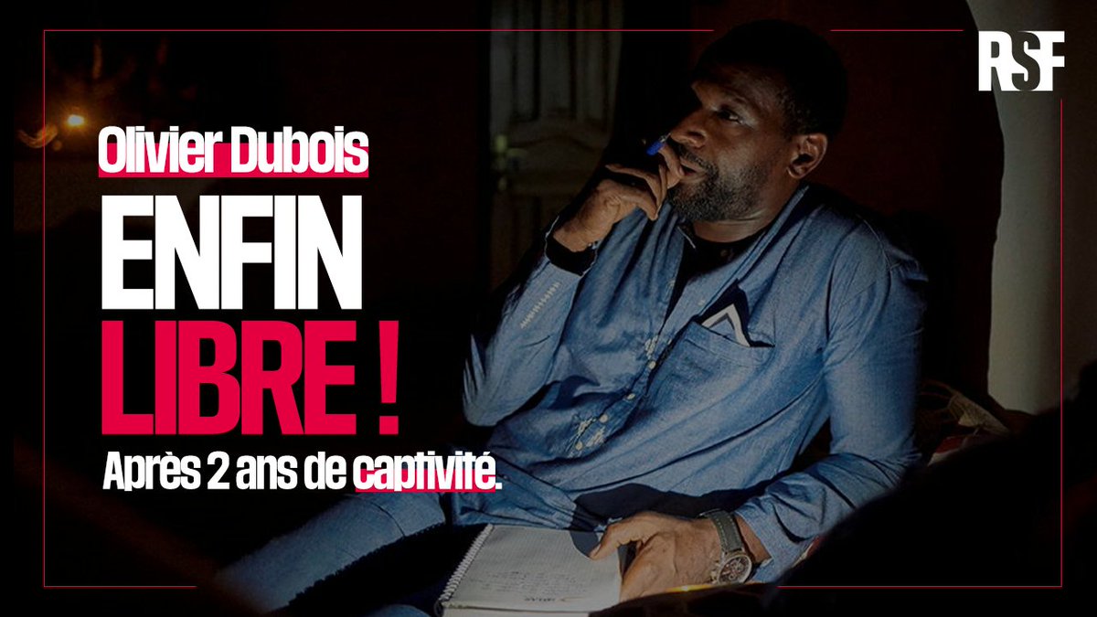 RSF_inter's tweet image. ️🔴OLIVIER DUBOIS ENFIN LIBRE ! 
Nous nous réjouissons de la libération de notre confrère qui était aux mains d’un groupe islamiste armé au #Mali depuis près de deux ans. C’est le journaliste français qui a été le plus longuement retenu en otage depuis la guerre du Liban. 1/3