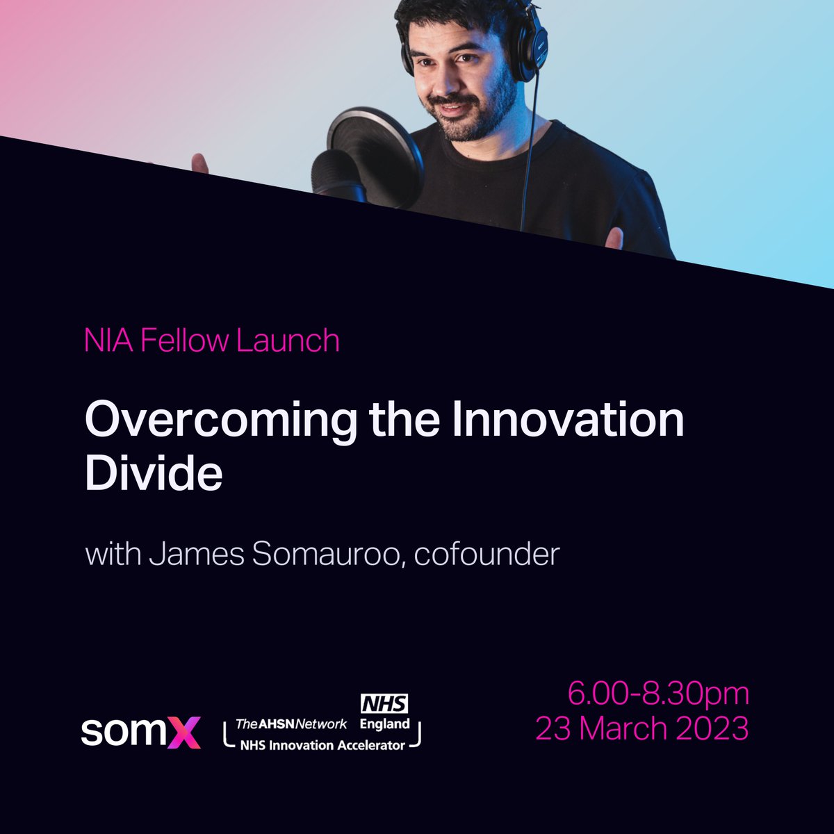 somXhealthtech's tweet photo. How can innovation impact patient care, access &amp; health inequalities?

At @NHSAccelerator's 2023 Fellow launch, @JamesSomauroo will discuss this topic alongside Paulina Cecula (@DamaHealth), @MinLee_Humin (Humin) &amp; Malone Mukwende (Black &amp; Brown Skin).

#somx https://t.co/8rZP2QkEud