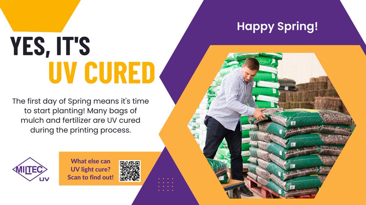 MiltecUV's tweet photo. The first day of Spring means it's time to start planting. Bags of mulch and fertilizer are UV cured during printing. Learn what UV light can cure on our blog https://t.co/HuWcXhJhoD. #FirstDayOfSpring #SpringHasSprung #UVcuring #UVCured #ultravioletlight #YesItsUVCured https://t.co/vM5ur5plCm