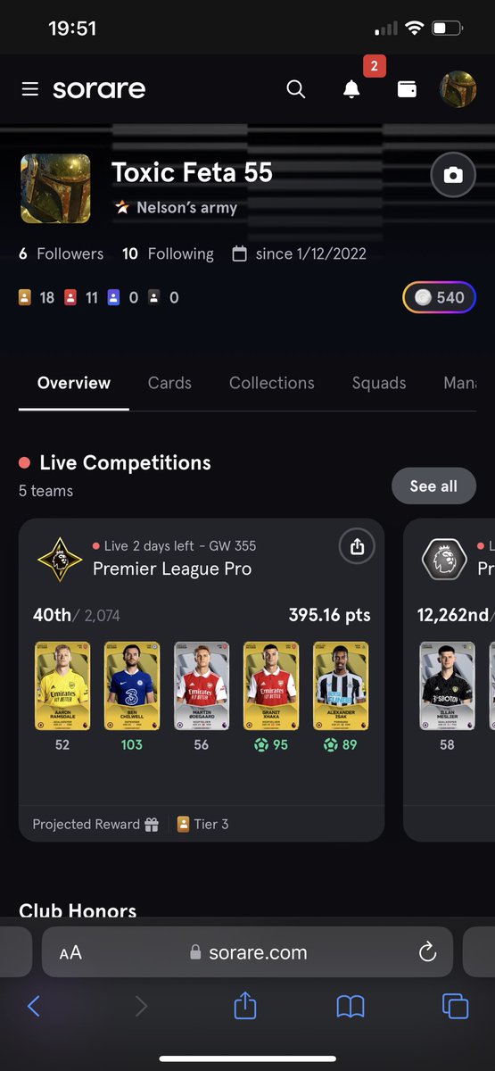 toxicfetta55's tweet photo. @JourneySorare @Sorare Bravo 👏🏽 the arsenal clean sheet might of bumped me up into top 20. https://t.co/IeeDomoGbl