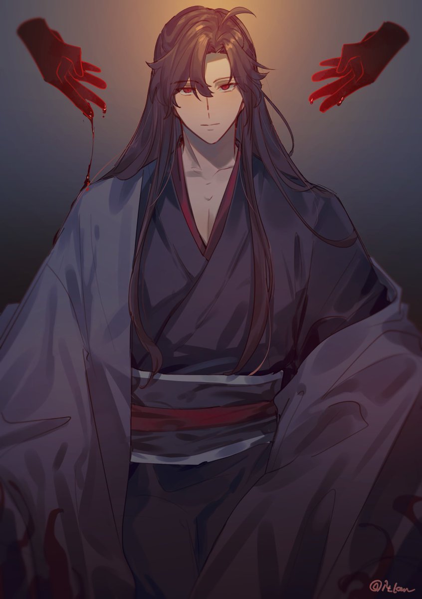 1boy long hair male focus red eyes looking at viewer long sleeves solo  illustration images