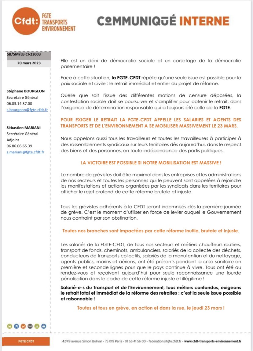 [COMMUNIQUE]
1 seule issue: le retrait!
Quelle que soit l'issue des ≠motions de censure, la contestation sociale doit se poursuivre &amp; s'amplifier pour obtenir le retrait dans
l'exigence de détermination responsable qui a toujours été celle de la FGTE.
TOUS MOBILISÉS LE 23 MARS❗️
