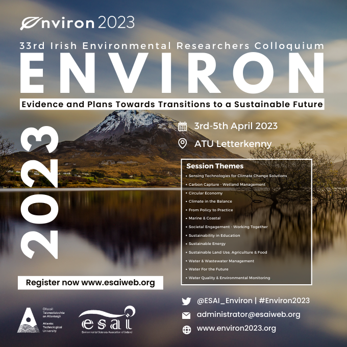 ESAI_Environ's tweet photo. ⏰Only 2 weeks left to register for Environ 2023 taking place @ATUDonegal_  from 3rd – 5th  April.

This years event, themed ‘Evidence and Plans Towards Transitions to a Sustainable Future’, will host renowned scientists, experts and academia.

Register https://t.co/jA4eqUHzAA https://t.co/x2EmoVvKKT
