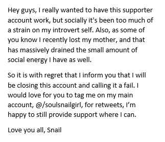 SoulSnailCare's tweet photo. Hey Guys, I will be closing this account shortly. Love you all! https://t.co/rlCSeSPLSU