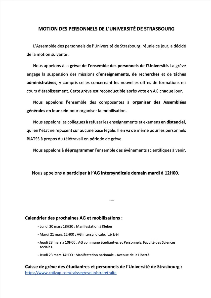 L'AG des personnels de l'<a href="/unistra/">-</a> appelle à la grève! Proch. rdv: AG 21/3 12h Amphi LeBel.  
Face à la violence du gouvernement, arrêtons la machine universitaire qui broie ses personnels et ses étudiant·es. Titulaires, non-titulaires, vacataires précaires, tous·tes en colère !