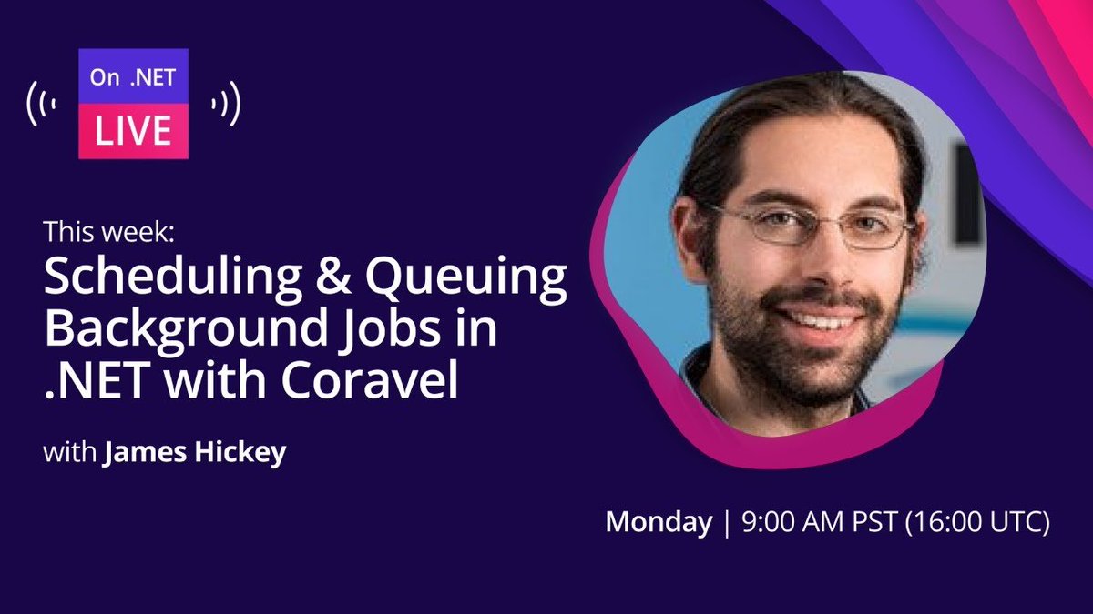 dotnet's tweet image. What's your favorite library for scheduling jobs?
On today's #OnDotNET Live, community MVP @jamesmh_dev joins the panel to show us Coravel, an open-source library for task scheduling, caching, queuing, mailing and more.
Join us LIVE at 9AM PT, msft.it/601052jrY