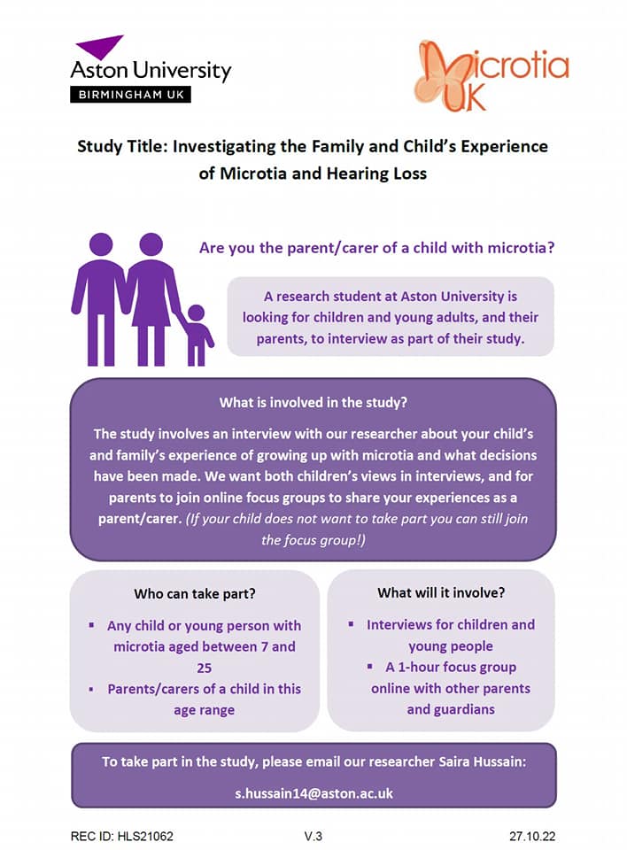 ⭐️ 𝗠𝗼𝗿𝗲 𝗽𝗮𝗿𝘁𝗶𝗰𝗶𝗽𝗮𝗻𝘁𝘀 𝗻𝗲𝗲𝗱𝗲𝗱 ⭐️

Saira, a researcher from <a href="/AstonUniversity/">Aston University</a>, is looking for a few more people to interview as part of her study in looking at the lived experiences of growing up with microtia and the impact on hearing. 

s.hussain14@aston.ac.uk