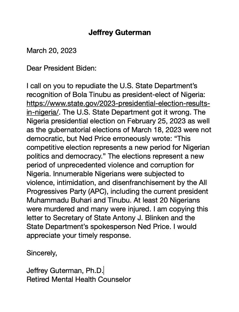 JeffreyGuterman's tweet photo. 🔴PRIORITY🔴

To @POTUS @JoeBiden @WhiteHouse @SecBlinken @StateDept @StateDeptSpox

Mr. President: Please repudiate the State Department’s recognition of Bola Tinubu as president-elect of Nigeria: https://t.co/72sEy4lMQa. The State Department got it completely wrong. See thread. https://t.co/0uX5ampOl3