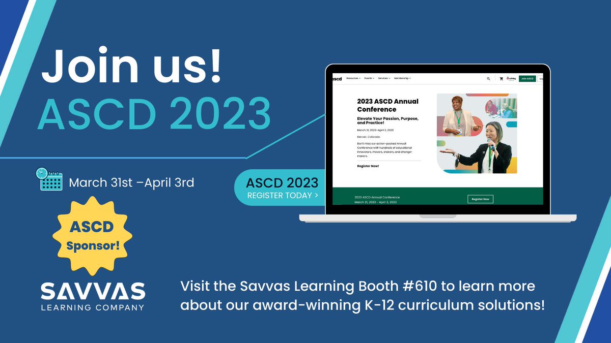 We're excited to be exhibiting at #ASCD23 March 31st-April 3rd! Register for the event ow.ly/TxLP104zmCr AND learn more about our award-winning curriculum solutions at ow.ly/V63P104z3KR today! 

#movinglearningforward #ASCDAnnualConference #edtech