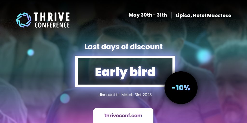 Thrive Conference (@thriveitconf) on Twitter photo Join us in May! 
Get your discounted ticket today!
#earlybird #ThriveITConf #10%
Feel the magic of SLOVEnia 😍
Tickets---> bit.ly/2VYYxLY Join us in May! 
Get your discounted ticket today!
#earlybird #ThriveITConf #10%
Feel the magic of SLOVEnia 😍
Tickets---> bit.ly/2VYYxLY