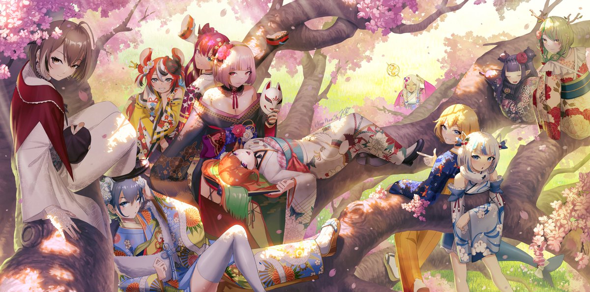 ceres fauna ,gawr gura ,hakos baelz ,irys (hololive) ,mori calliope ,nanashi mumei ,ninomae ina'nis ,ouro kronii ,watson amelia multiple girls kimono japanese clothes green hair cherry blossoms 6+girls blonde hair  illustration images