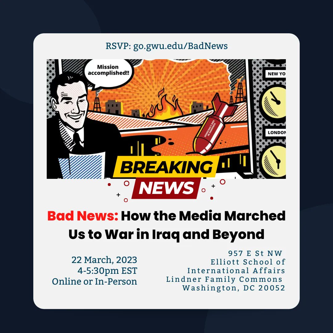 Join IMES in-person or Online on March 22 for our next event, " Bad News: How the Media Marched Us to War in Iraq and Beyond." A discussion of the media’s role in war and peace. We’ll be joined by three journalists who have gotten it right. RSVP at 
buff.ly/3JbrYV4