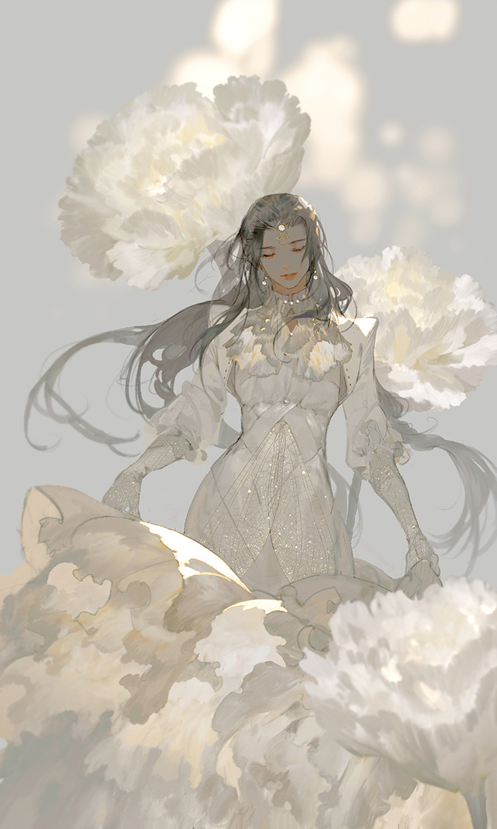 1girl solo long hair dress white dress flower closed eyes  illustration images