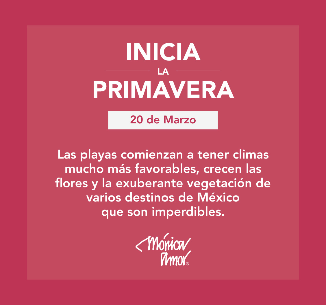 ¡Comienza la Primavera!

Las playas comienzan a tener climas mucho más favorables, crecen las flores y la exuberante vegetación de varios destinos de México que son imperdibles.

#InicioDePrimavera #EstacionesDelAño #EquinoccioDePrimavera #ClinicaMonicaAmor #ClinicaDeBelleza