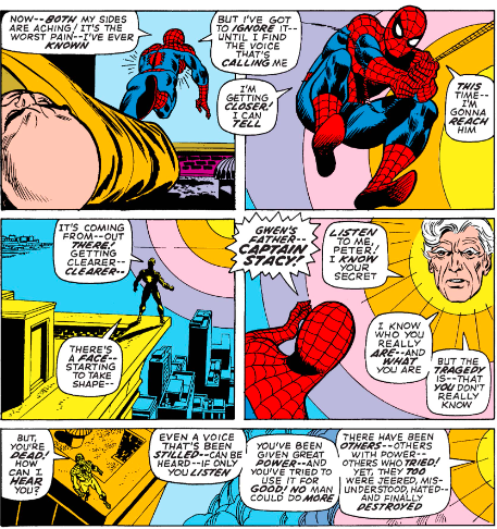 MarvelADay's tweet photo. #MarvelADay #ASM100 At last, Peter reaches the voice that's been calling to him. It's Capt. Stacy represented by the rising sun with words of advice for our young hero. - VA https://t.co/SZD8vEJM0v