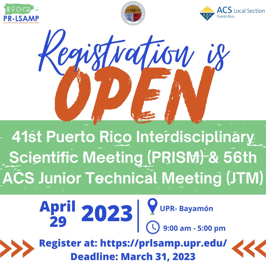 LsampPr's tweet photo. 🚨REGISTER NOW🚨
PRISM &amp; JTM are the Island's largest annual scientific forum for undergraduate and graduate STEM students to present their research projects to peers and faculty members.
➡️Deadline: March 31, 2023⬅️
📎https://t.co/xXybKsMx8V
#prlsamp #stem #nsf #prismjtm2023 https://t.co/Soe4j93TCJ