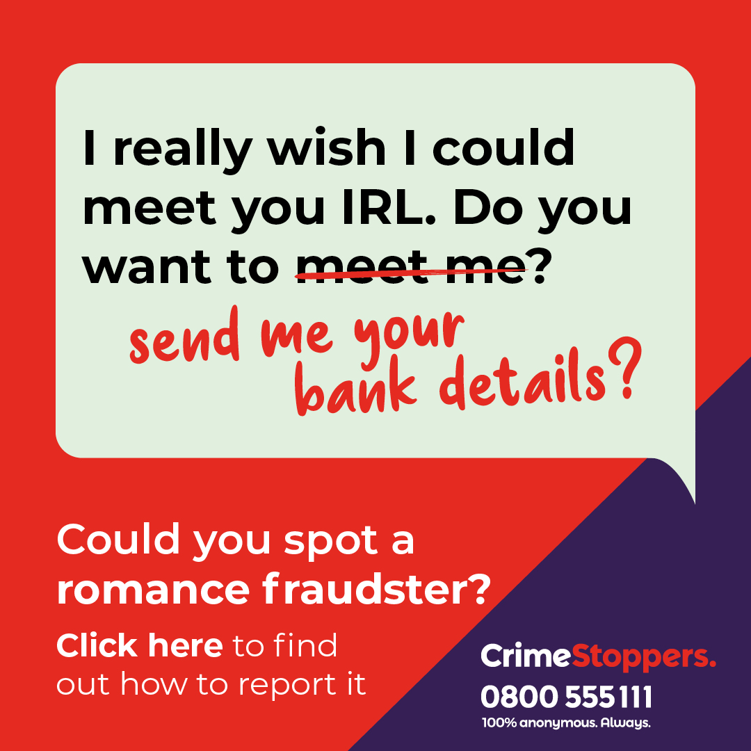 In 2021, over £99 million was lost collectively to romance fraud.

Do you know how to spot the signs of #RomanceFraud?

Learn more so you can protect those who are at risk and vulnerable - crimestoppers-uk.org/keeping-safe/f…