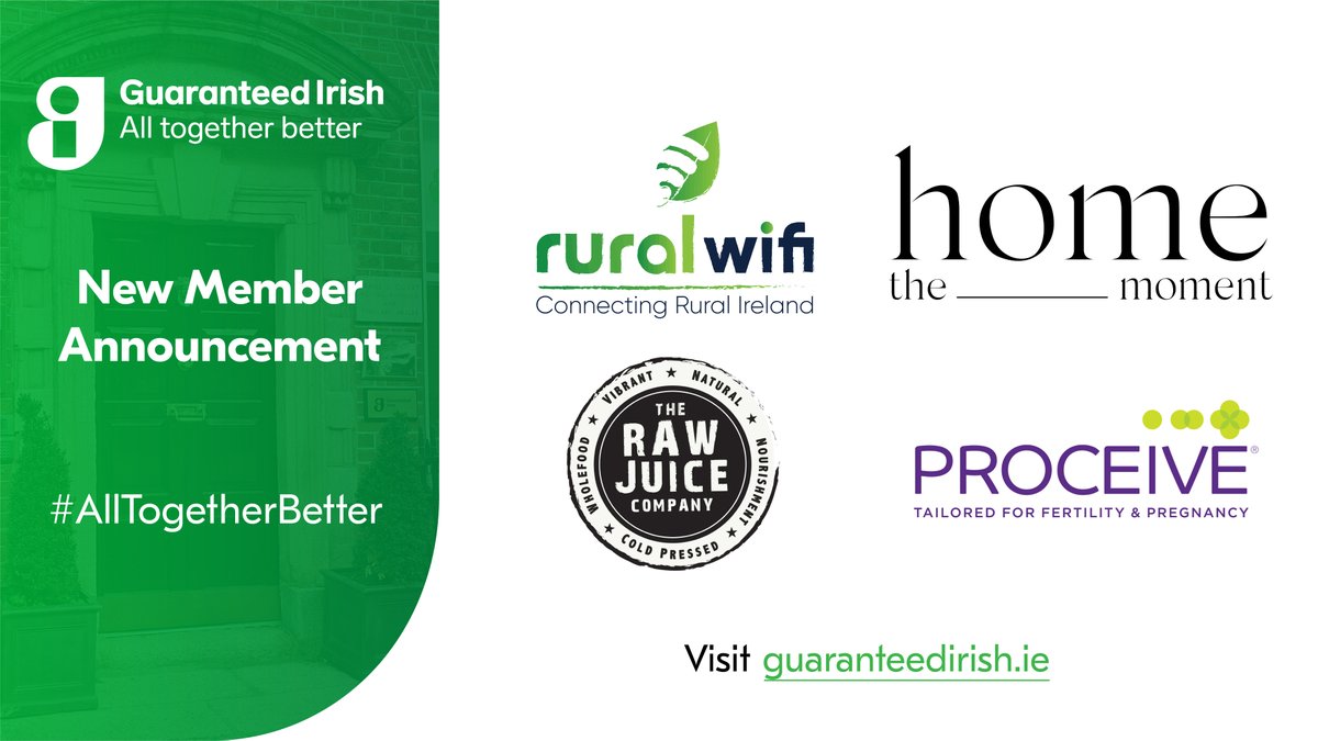 We are delighted to announce our new members!

Rural Wifi
@TheHomeMoment
The Raw Juice Company
Proceive

#NewMemberAnnouncement #GuaranteedIrish #AllTogetherBetter #LookForTheG