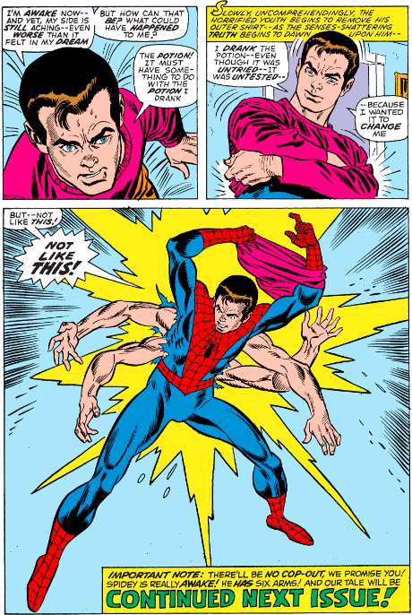 MarvelADay's tweet photo. #MarvelADay #ASM100 The dream is over, and Peter has to face a new reality involving six arms! Be here tomorrow as this story continues! - VA https://t.co/oEz54hOzog