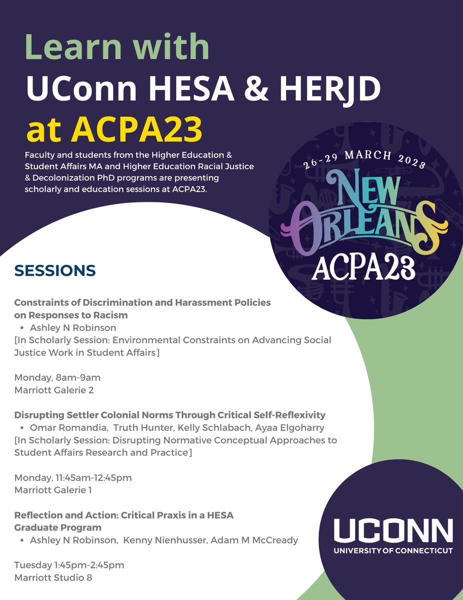 UConnHESA's tweet image. Faculty and students from HESA and HERJD are presenting scholarly and education sessions at #ACPA23 next week and we would love to share our work with you! Check out these sessions and join us!