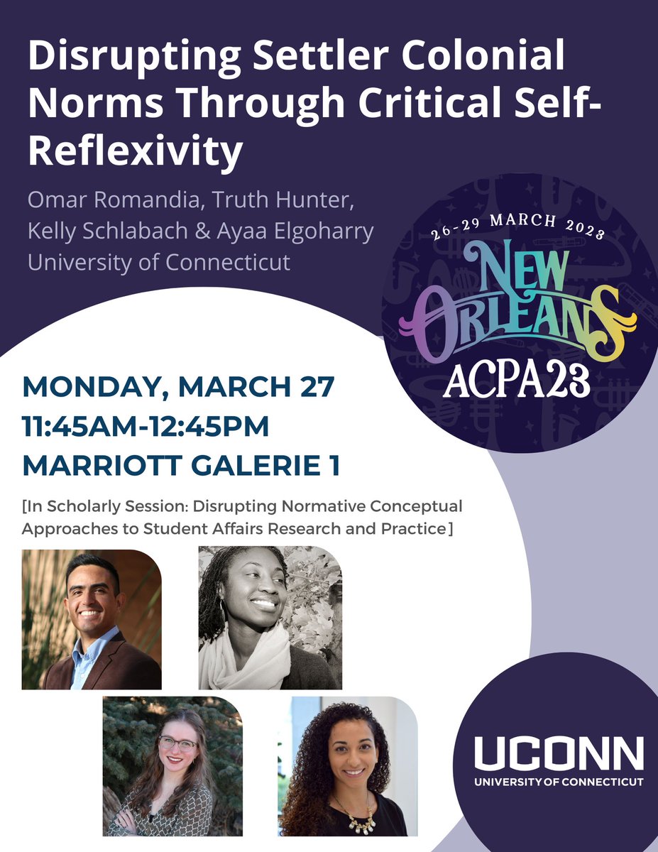 UConnHESA's tweet image. Faculty and students from HESA and HERJD are presenting scholarly and education sessions at #ACPA23 next week and we would love to share our work with you! Check out these sessions and join us!