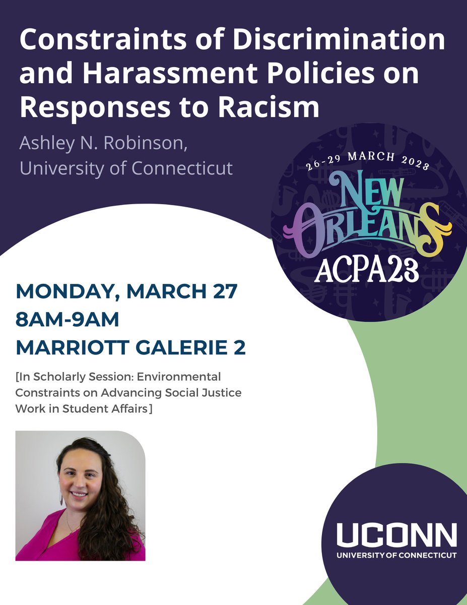 UConnHESA's tweet image. Faculty and students from HESA and HERJD are presenting scholarly and education sessions at #ACPA23 next week and we would love to share our work with you! Check out these sessions and join us!