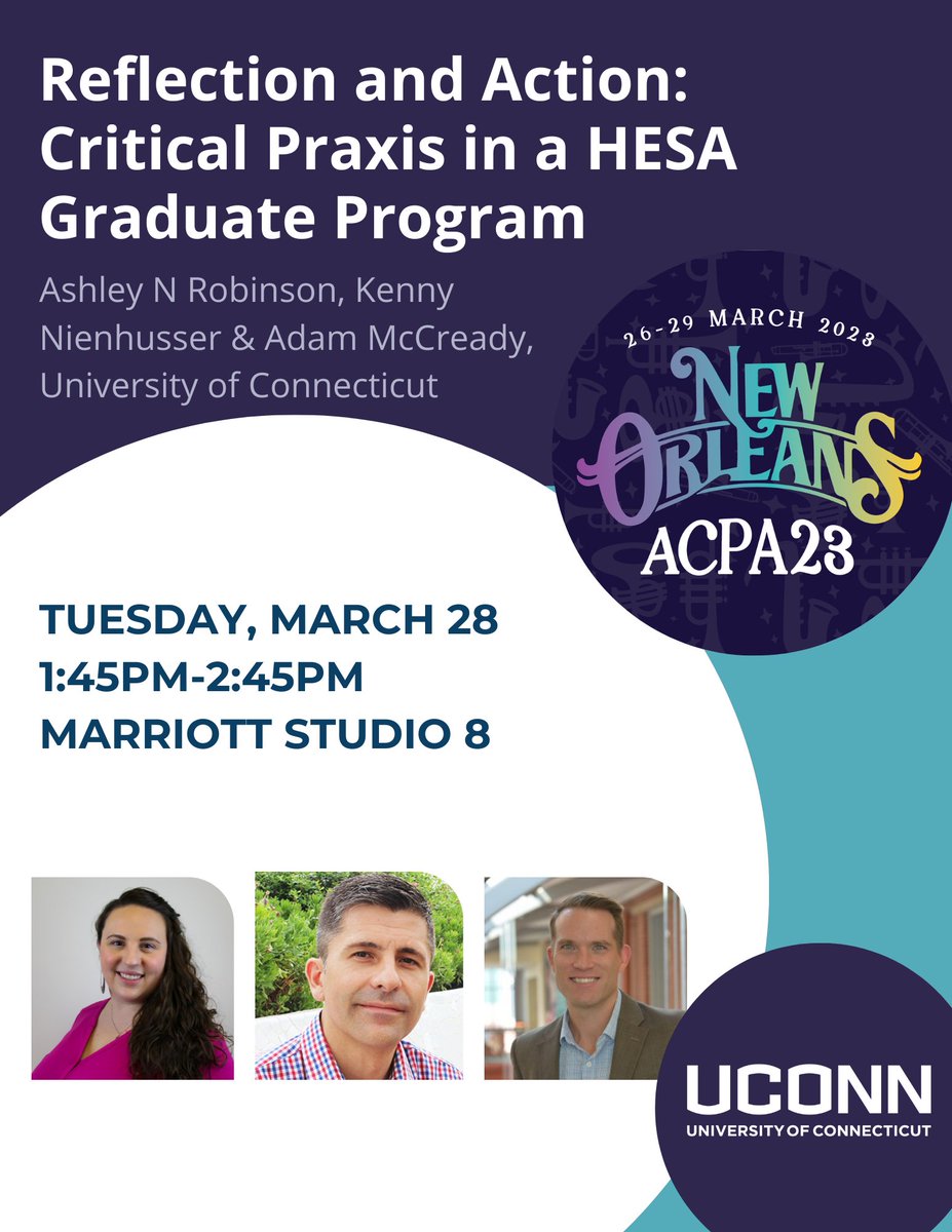 UConnHESA's tweet image. Faculty and students from HESA and HERJD are presenting scholarly and education sessions at #ACPA23 next week and we would love to share our work with you! Check out these sessions and join us!