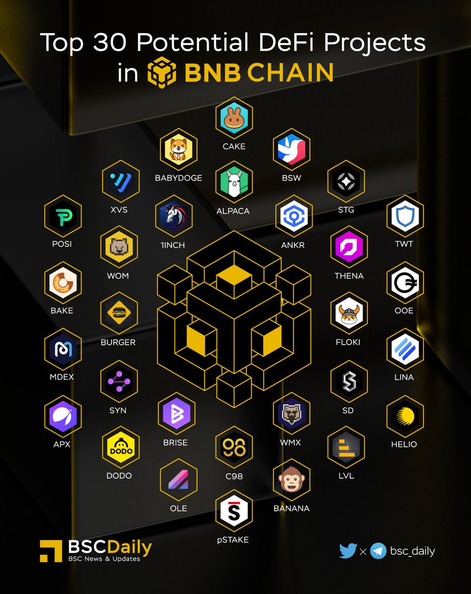 🎉 Top 30 Potential DeFi Projects in <a href="/BNBCHAIN/">BNB Chain</a> 🔥

#BNBChain's potential for #DeFi is massive, with a growing number of projects exploring its capabilities🧬

Let's take a closer look at some of the potential Dapps in #BNB Chain's DeFi space🚀

More details

#BNB #BSC #WEB3