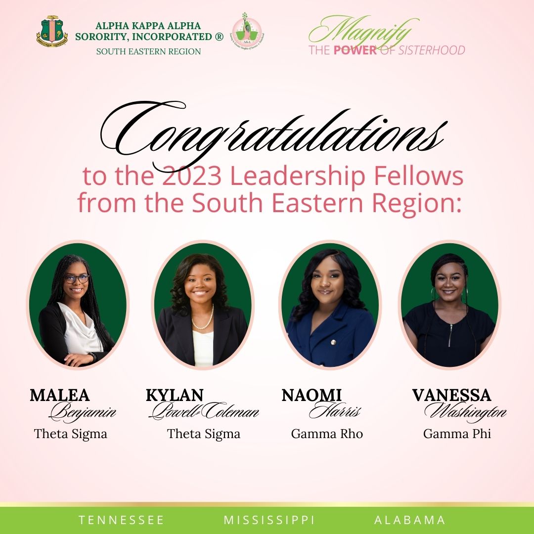 Please join us in congratulating four remarkable South Eastern Region undergraduate members on their admission into the 2023 Leadership Fellows Program. 

#AKA1908 #SoaringWithAKA #PowerOfUs #SophisticatedSouthEastern