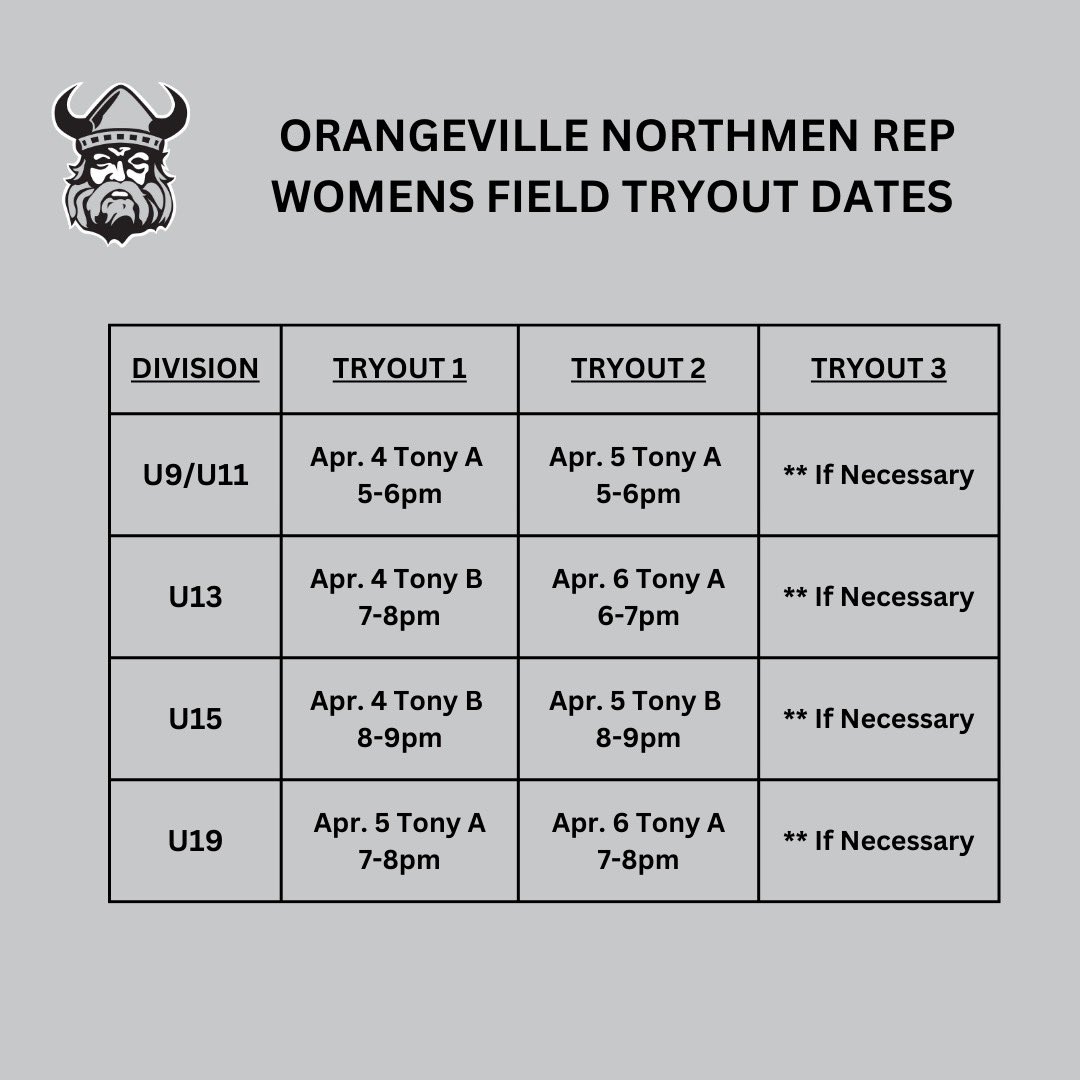 2023 Rep Women’s Field Tryout Schedule is set!  All players MUST be registered and payment complete to step on the floor.  All players MUST attend their division’s tryouts. #registertoday #northmenproud #blackandsilver #hornsup