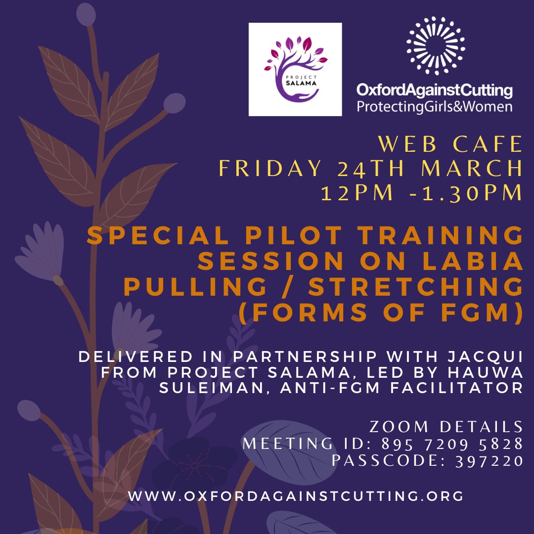 SundialCentre's tweet photo. Join us for our final Web Cafe for this series, with free training delivered in partnership with Project Salama.

Hauwa, our anti-FGM facilitator, and Jacqui Mukono from Project Salama, will deliver our brand new workshop on labia "pulling" or "stretching". 
#EndFGM #LabiaPulling https://t.co/9ZfbJ8Bl6A