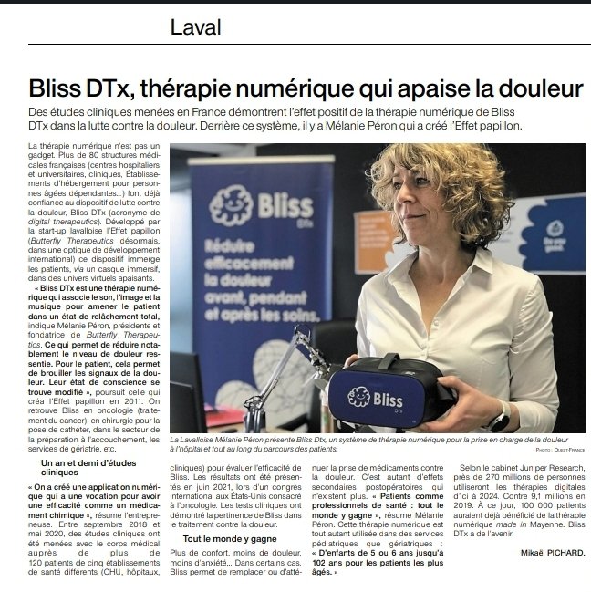 Butterfly Therapeutics (Bliss DTx - Endocare) (@bliss_dtx) on Twitter photo 📰 <a href="/Bliss_DTx/">Butterfly Therapeutics (Bliss DTx - Endocare)</a> dans <a href="/OuestFrance/">Ouest-France</a> : "Bliss DTx, la thérapie numérique qui apaise la douleur"
#Bliss #DTx est une thérapie numérique qui est utilisée en complément ou en substitution de produits pharmacologiques et de gaz médicaux utilisés dans les indications de la douleur. 📰 <a href="/Bliss_DTx/">Butterfly Therapeutics (Bliss DTx - Endocare)</a> dans <a href="/OuestFrance/">Ouest-France</a> : "Bliss DTx, la thérapie numérique qui apaise la douleur"
#Bliss #DTx est une thérapie numérique qui est utilisée en complément ou en substitution de produits pharmacologiques et de gaz médicaux utilisés dans les indications de la douleur.
