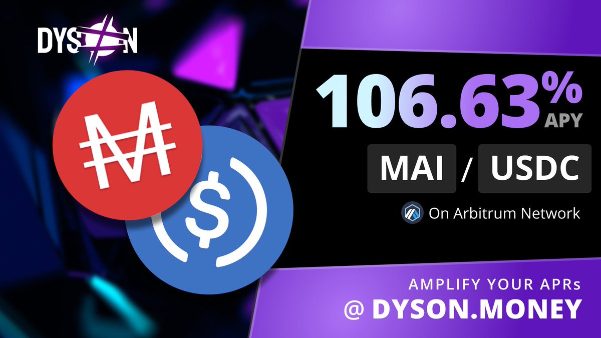 dyson_money's tweet image. $MAI, $MAI, $MAI have you grown! 🫂

Pair your @QiDaoProtocol bags with $USDC &amp;amp; eat 106% APY on Arbitrum. Some of the highest stable yields, few clicks away.👇

app.dyson.money