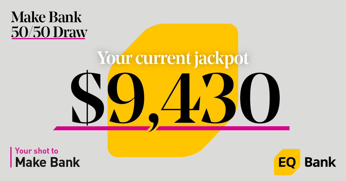 📢 Current jackpot for the Make Bank 50/50 Draw is $9,430!

<a href="/EQBank/">EQ Bank</a> adds $10 to the jackpot for every shot on goal by the Storm on home ice this season 💰
 
The cash prize draw happens on March 24 🎉 EQ Bank Fan Appreciation Night.

Who’s ready to Make Bank? #StormCity