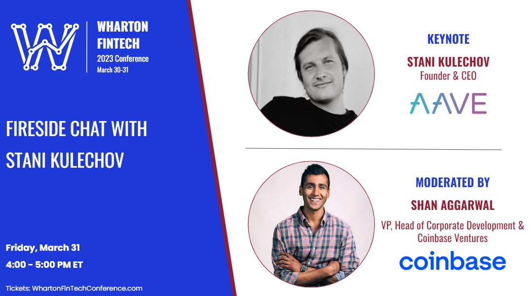 whartonfintech's tweet photo. Wharton Fintech is proud to have @StaniKulechov joining us in a fireside chat at the #2023WhartonFinTechConference, moderated by @ShanAggarwal, VP and Head of Corporate Development at Coinbase Ventures.
GRAB YOUR TICKETS NOW: https://t.co/HRbvsIUdVT https://t.co/ZTNALZpdEK