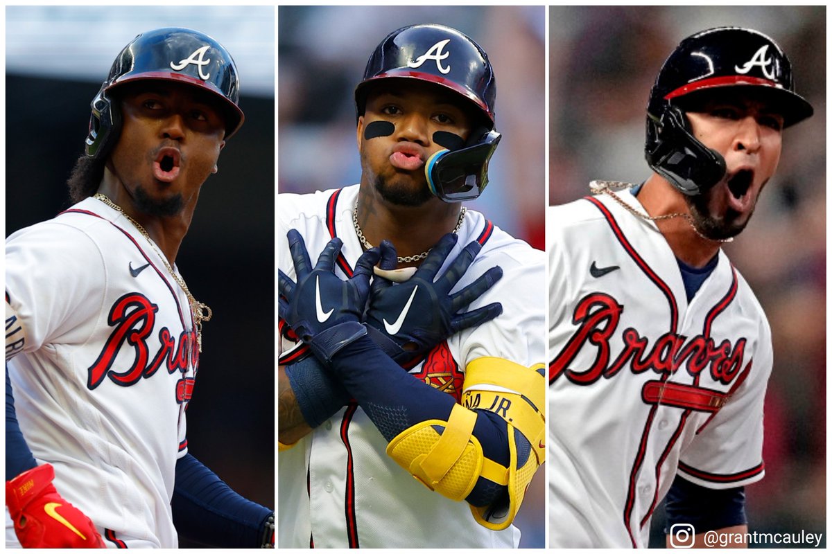 grantmcauley's tweet photo. Eddie Rosario, Ozzie Albies, and Ronald Acuña Jr. combined for just 28 home runs in 2022. This trio could easily triple that total this season.

How many homers do you think these three #Braves sluggers will hit in 2023?

https://t.co/nBierOXV5z https://t.co/12YOMCN1iq