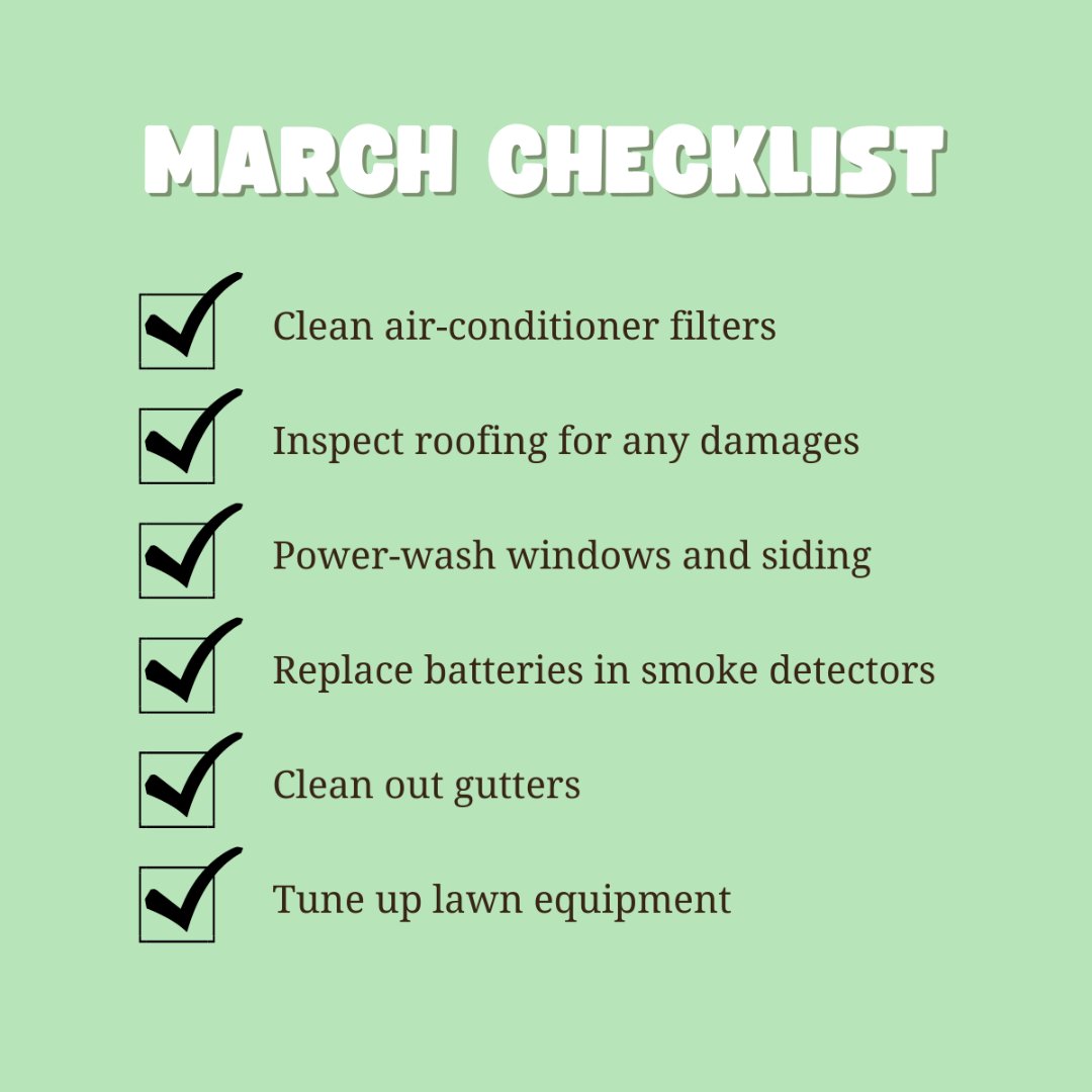 AngeliqueYYC's tweet photo. Get a head start on your spring cleaning with a March maintenance checklist. 

Follow my page for more maintenance tips!

#marchmaintenance #marchtips #homeowner #cleaning #maintenance #curbappeal #homeimprovement https://t.co/D55Q3Cvn9Z https://t.co/Wh3obIi6A7