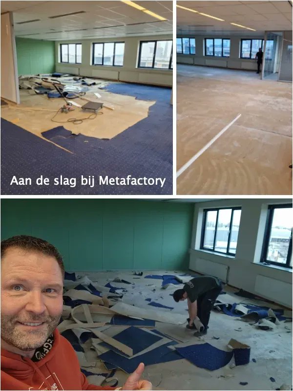 Een dagje mee op uitvoering bij de realisatie van het ontwerp van Vanessa Kervezee voor Metafactory in Amsterdam. Vloerbedekking eruit, zodat we kunnen starten met de wanden.
Alles tussen vloer en plafond!

 #projectinrichting #turnkey