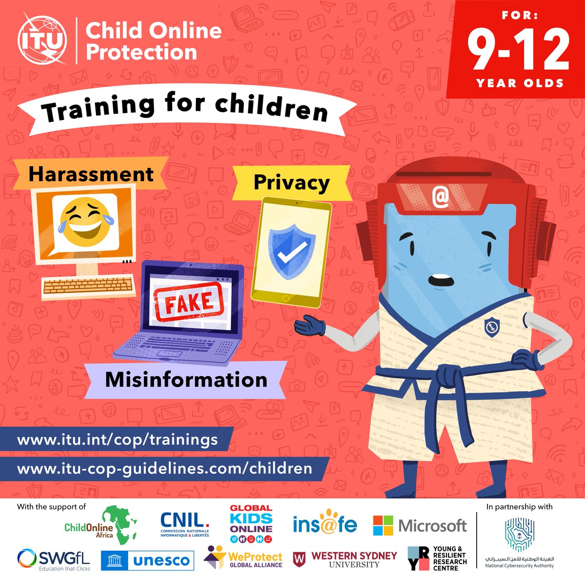 Pleased to launch the new <a href="/ITU/">Int’l Telecommunication Union</a> interactive online training for children aged 9-12 years old, with the support of <a href="/NCA_KSA/">الهيئة الوطنية للأمن السيبراني</a>. 
Invite children in your network to learn about various aspect of #OnlineSafety incl. misinformation, privacy &amp; online harassment. 

itu.int/en/ITU-D/Cyber…