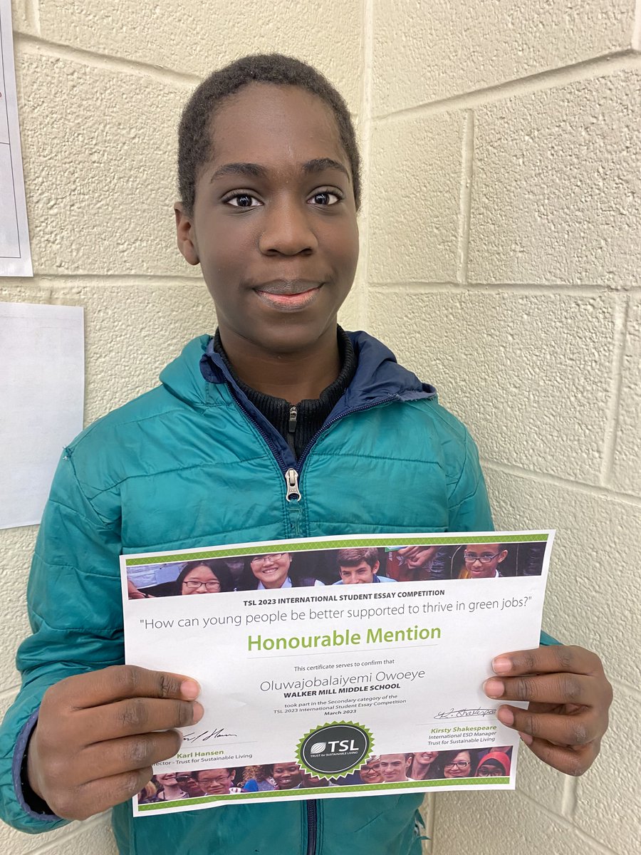 WalkerMillMS's tweet photo. One of our 6th Graders won Honourable Mention in an international writing contest. He wrote about the importance of sustainable energy sources. @WMMSTAG @PGCPSTAG #TrustForSustainableLiving #WritingContest #6thGrade #pgpcs #pgcpsproud #pantherpride #blueandgold #wmms https://t.co/yjEwuw65EJ