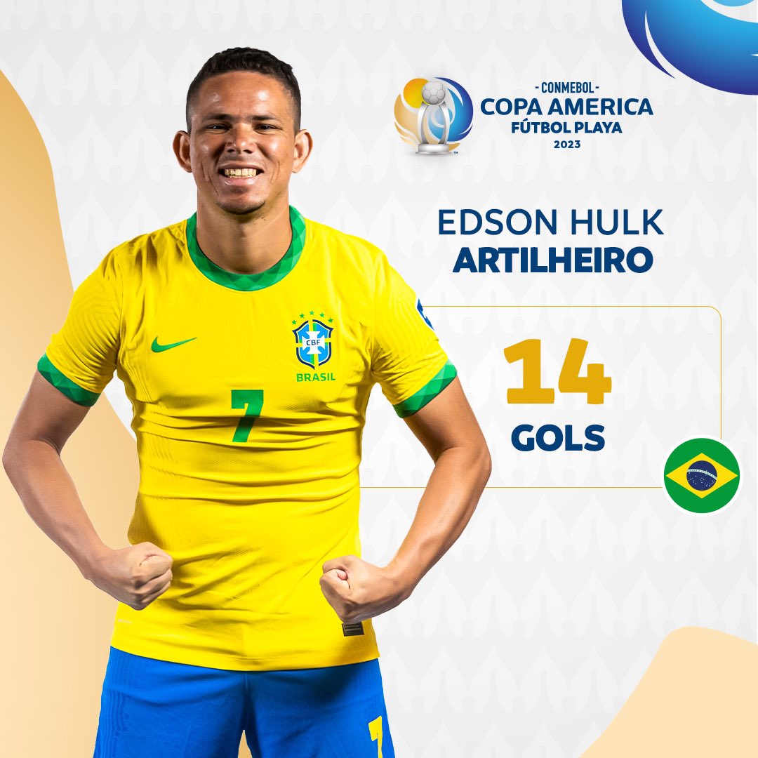 CopaAmerica's tweet photo. Homem gol! ⚽️🏖

Edson Hulk marcou 14 vezes pelo @BrBeachSoccer e foi o artilheiro da #CAPlaya 2023! 🇧🇷🤩

#VibraOContinente https://t.co/iM67qTOMpS
