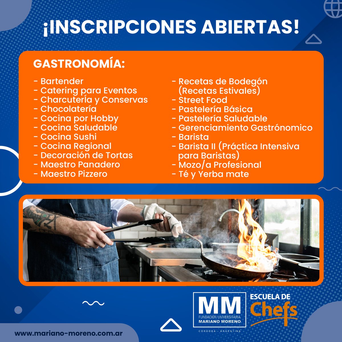 #CursosMM 📚
👩‍🍳👨‍🍳 ¡Sumate a los cursos de Gastronomía de la Escuela de Chefs!
🗓️ Comienzan en abril.
💼 Amplia salida laboral
📚 ¡Inscripciones abiertas!
📲 Mirá info ingresando a la sección Oferta Educativa de nuestro sitio 👉 buff.ly/2Yzso1B