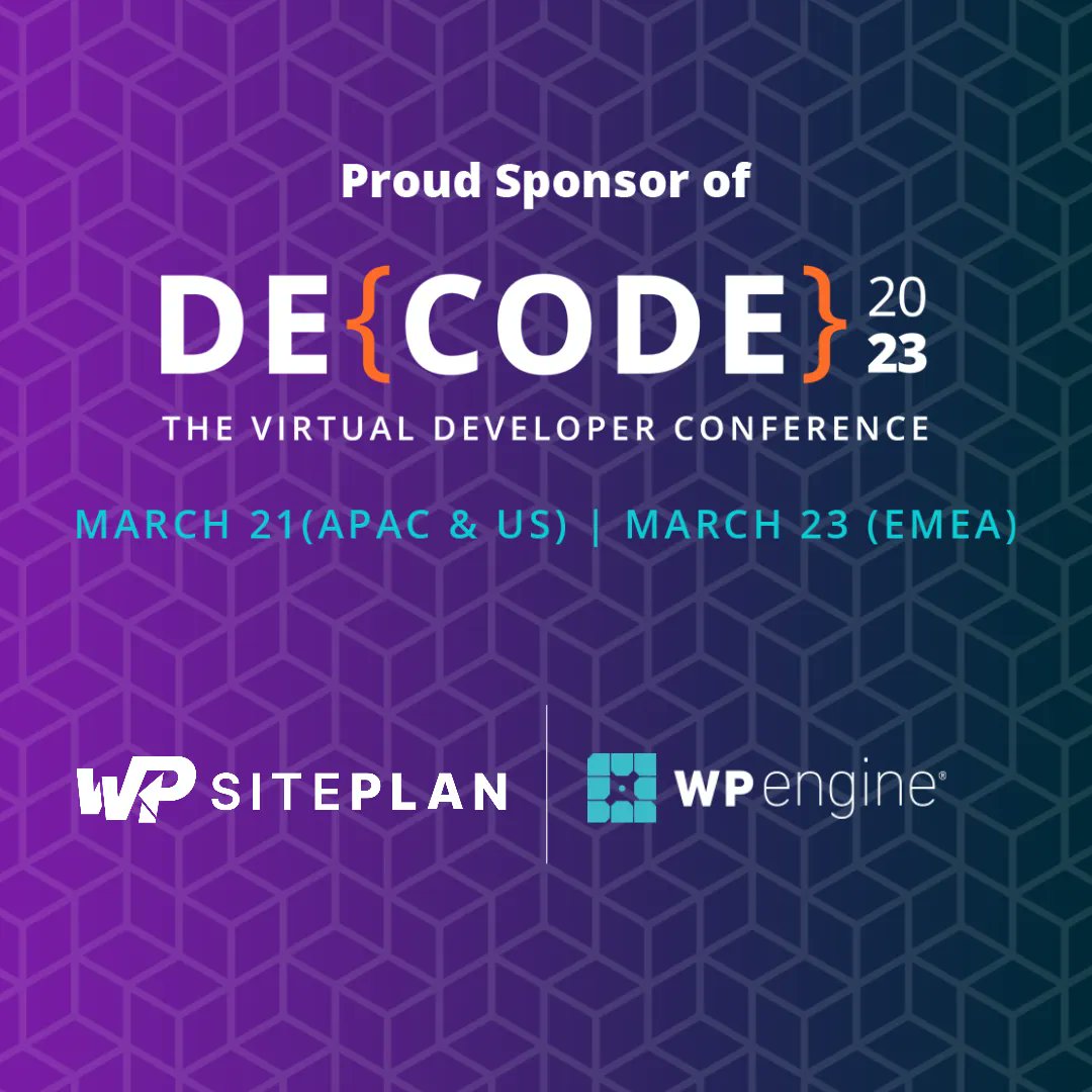 #wpeDECODE is back and WP SitePlan is a proud sponsor! On March 21 &amp; 23, join us in this global developer-focused event.
Register for WPEngine’s DE{CODE} 2023 here: 
buff.ly/41iMI5D