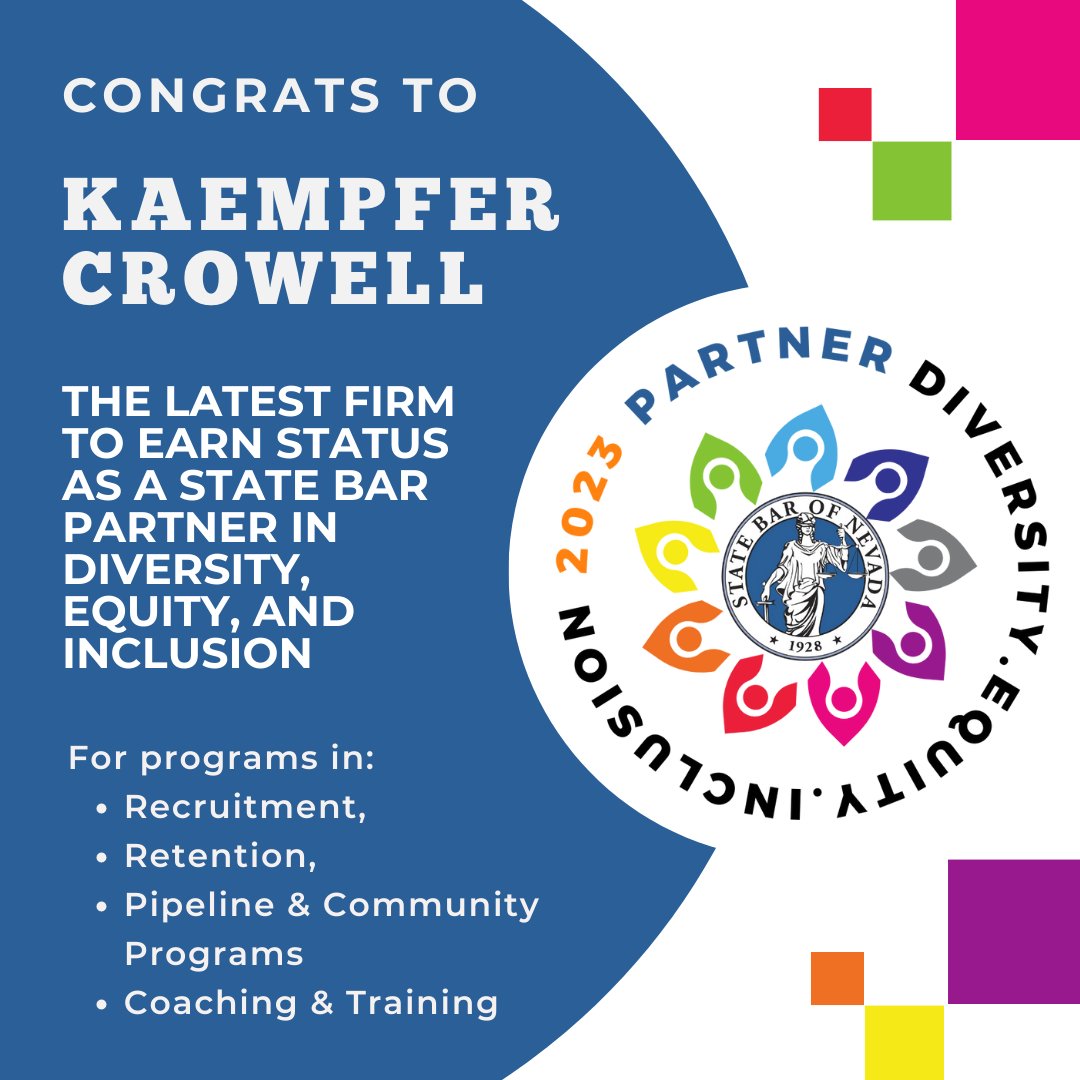 nevadabar's tweet photo. Congratulations to Kaempfer Crowell, the latest firm to earn the bar’s “Partner in Diversity, Equity and Inclusion” medallion in recognition of its DEI initiatives!

Download a flyer at https://t.co/drTXhgvyet or contact Judi DeMarco at judid@nvbar.org for more information. https://t.co/DXfzJYIHQi