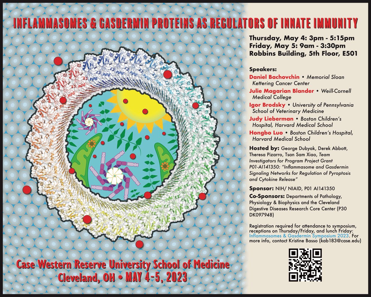 Very excited to announce the "Inflammasomes and Gasdermin Proteins as Regulators of Innate Immunity" Symposium on May 4-5. Leaders like <a href="/DBachovchin/">Dan Bachovchin</a> Julie Blander, <a href="/BrodskyIgor/">Igor Brodsky</a> Judy Lieberman and Hongbo Luo will be sharing their insights. <a href="/cwrumstp/">MSTP at Case Western Reserve University</a> @cwrusom #inflammasome