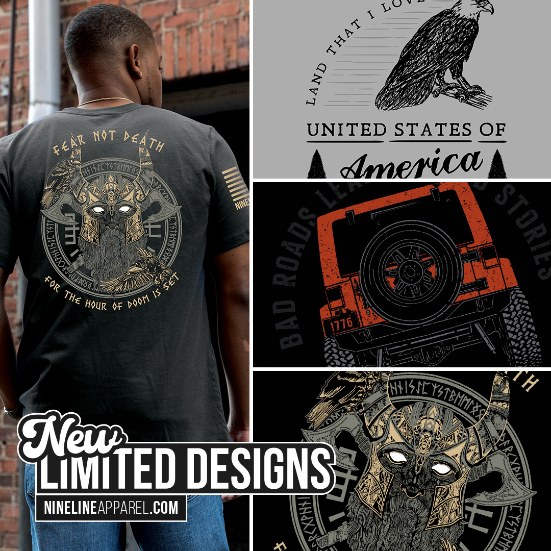 NineLineApparel's tweet photo. New LTD designs releasing this week!
Get yours at https://t.co/czle10PpYJ
- Fear not Death
- Land that I Love
- Bad Roads
#ninelineapparel #fearnotdeath #usa #america #landthatilove #offroad #4x4 #veteranowned #americanmade #baldeagle #viking https://t.co/tx9tGCQFfI