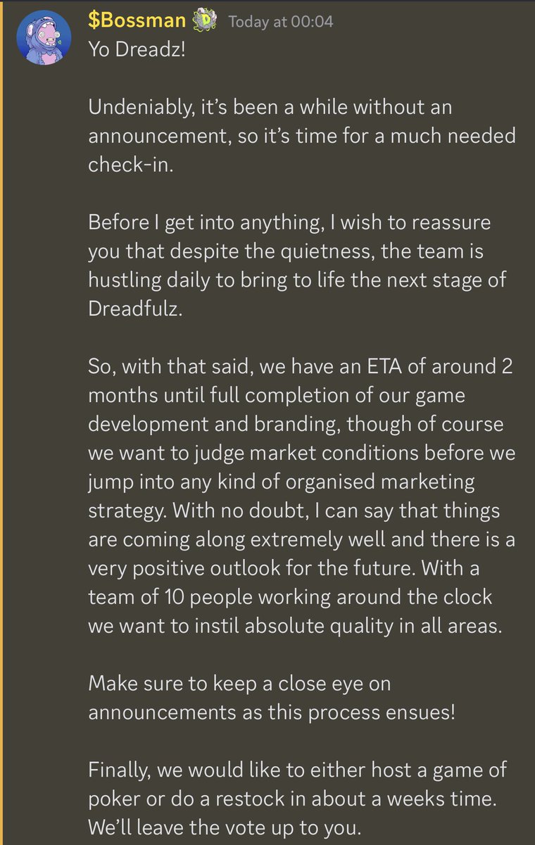 Acolytes!

New announcement posted in the discord. Head over to check it out!

Things have been quiet for sure, but the hustle ensues. 

Big developments have been made and we are currently in the process of finalising our next steps. 

All love,
Dreadz team
💚🩸