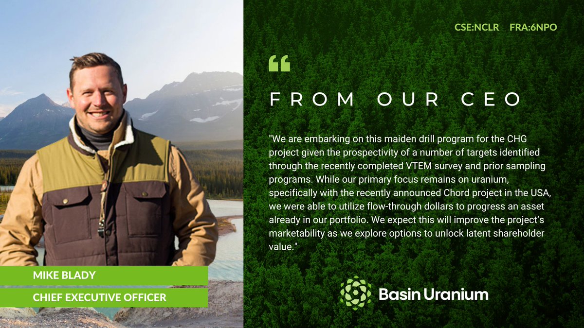 BasinUranium's tweet image. Our maiden drill program at the CHG project is underway! Mike Blady, CEO, discussed the upcoming #drillprogram and the prospectivity of targets identified in previous VTEM surveys and sampling programs.

See his full comments below. Read more: basinuranium.ca/basin-advances…

$NCLR #Gold