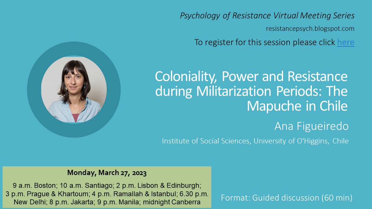 Next Monday, March 27th, Dr. Ana Figueiredo will present virtually on "Coloniality, Power and Resistance during Militarization Periods: The Mapuche in Chile", followed by a discussion. Abstract, registration link, and more info on the series in the 🧵! (1/5)