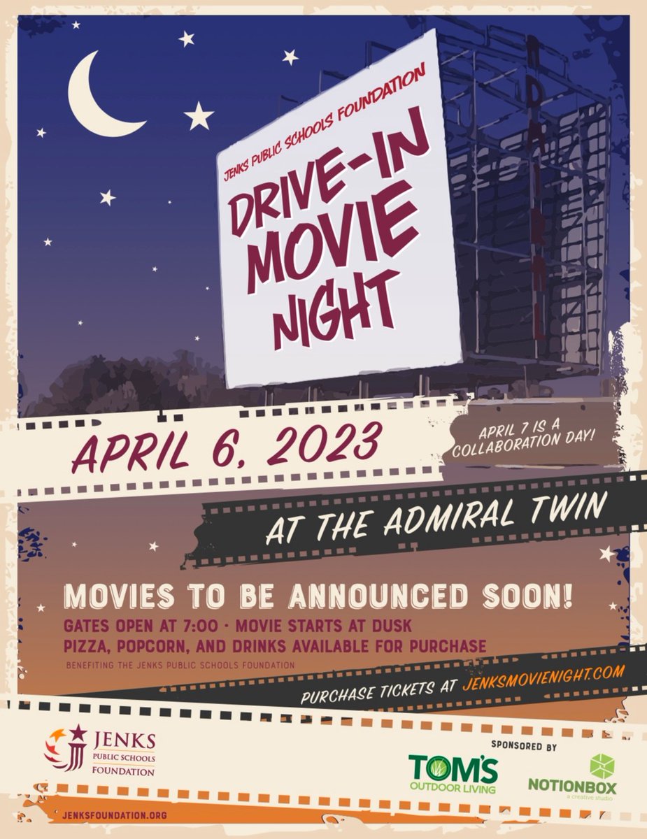 Don't forget to mark your calendars for the Jenks Drive-In Movie Night at Admiral Twin Drive-In on Thursday, April 6th! Movie titles and details coming next week. Thank you to our Presenting Sponsors 
Tom's Outdoor Living and Notionbox!